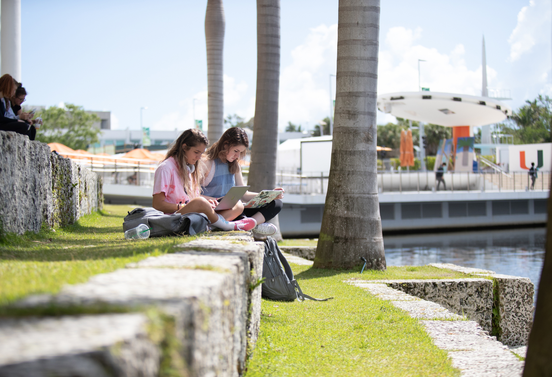 Students study on laptops by the lake