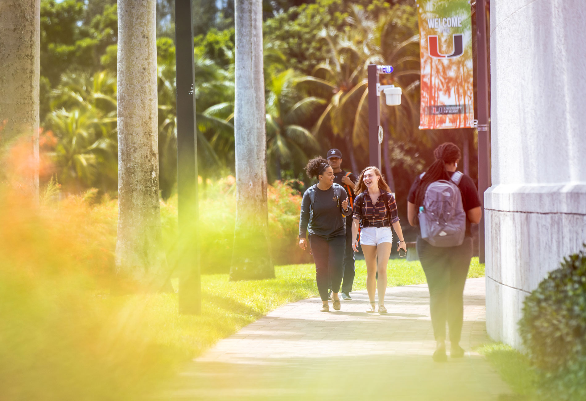 Students walking throughout the University of Miami campus.