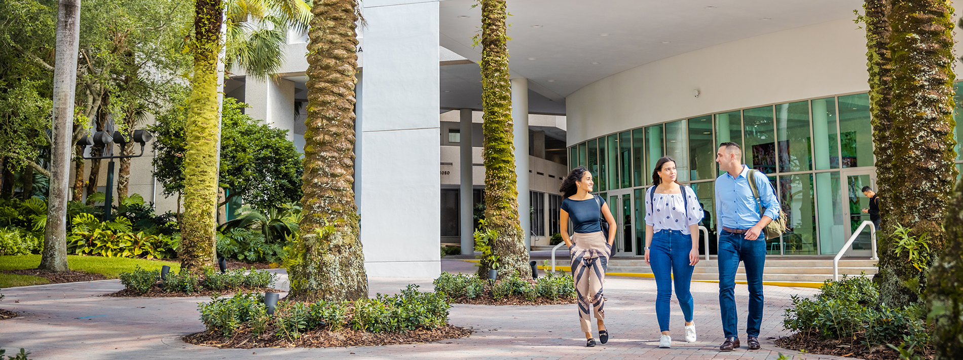 One male and two female students walk together on campus