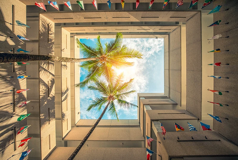 On campus shot of building with flags and blue sky