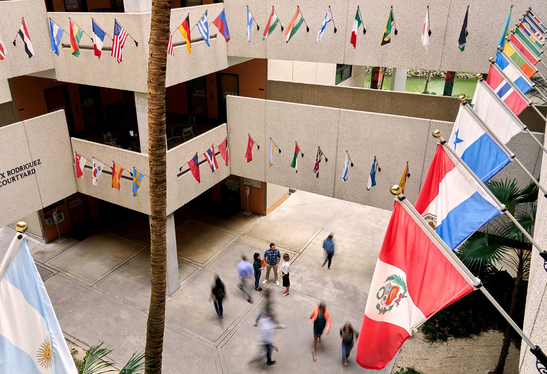 School courtyard with flags.