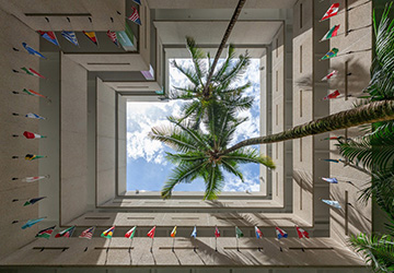 Open-air courtyard with flags