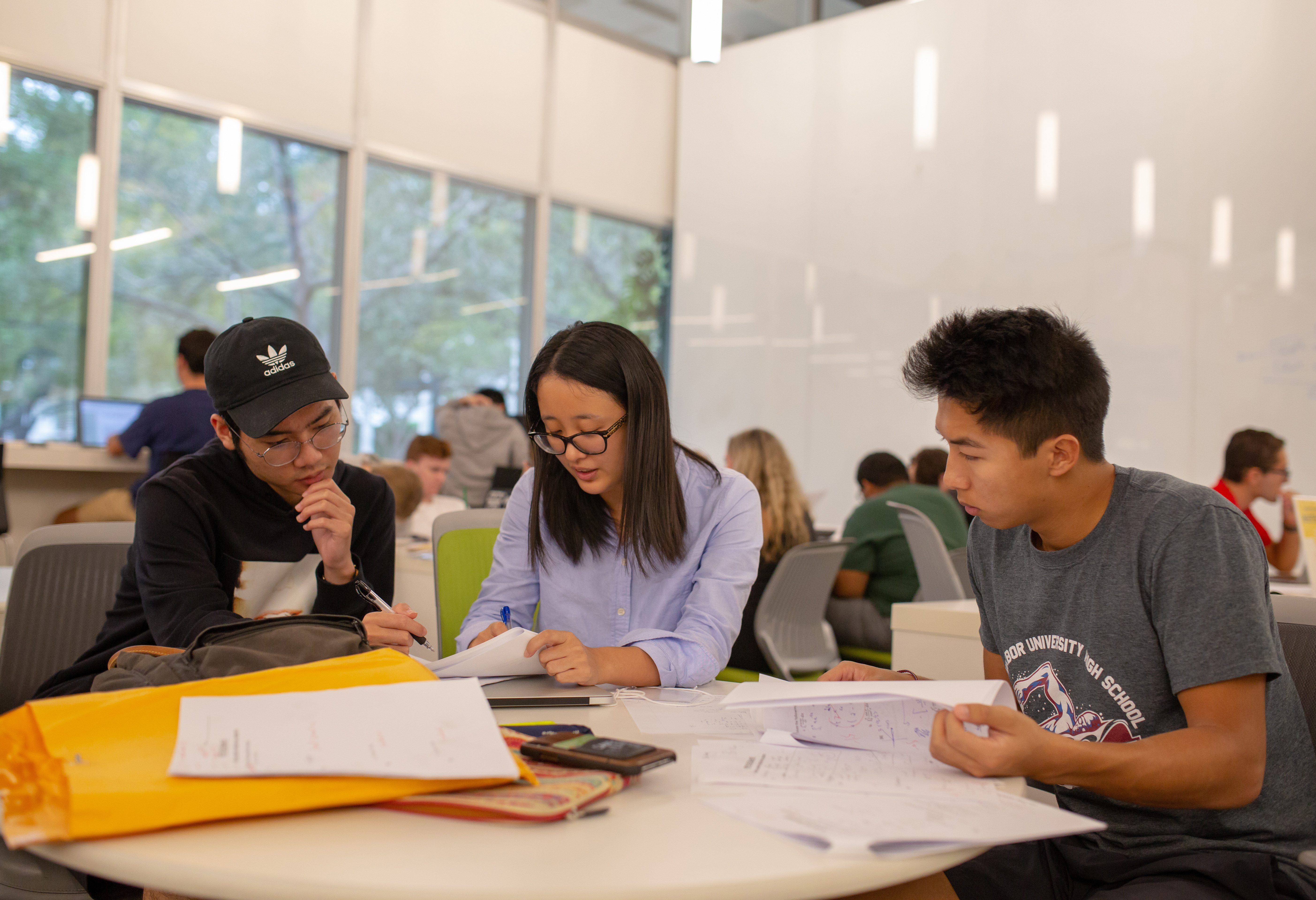 Students working on assignments in the library.