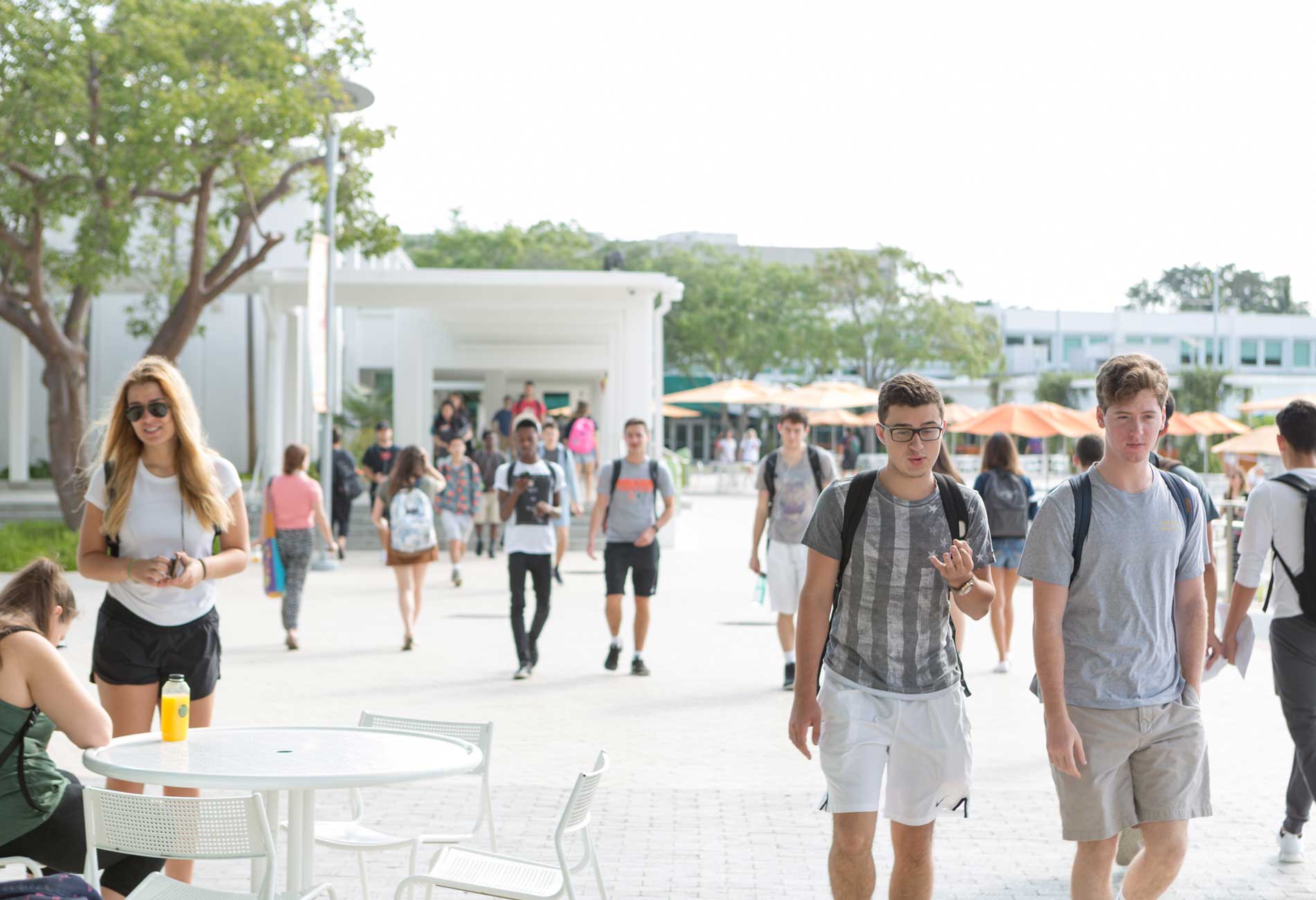 Students walking on the University of Miami campus.