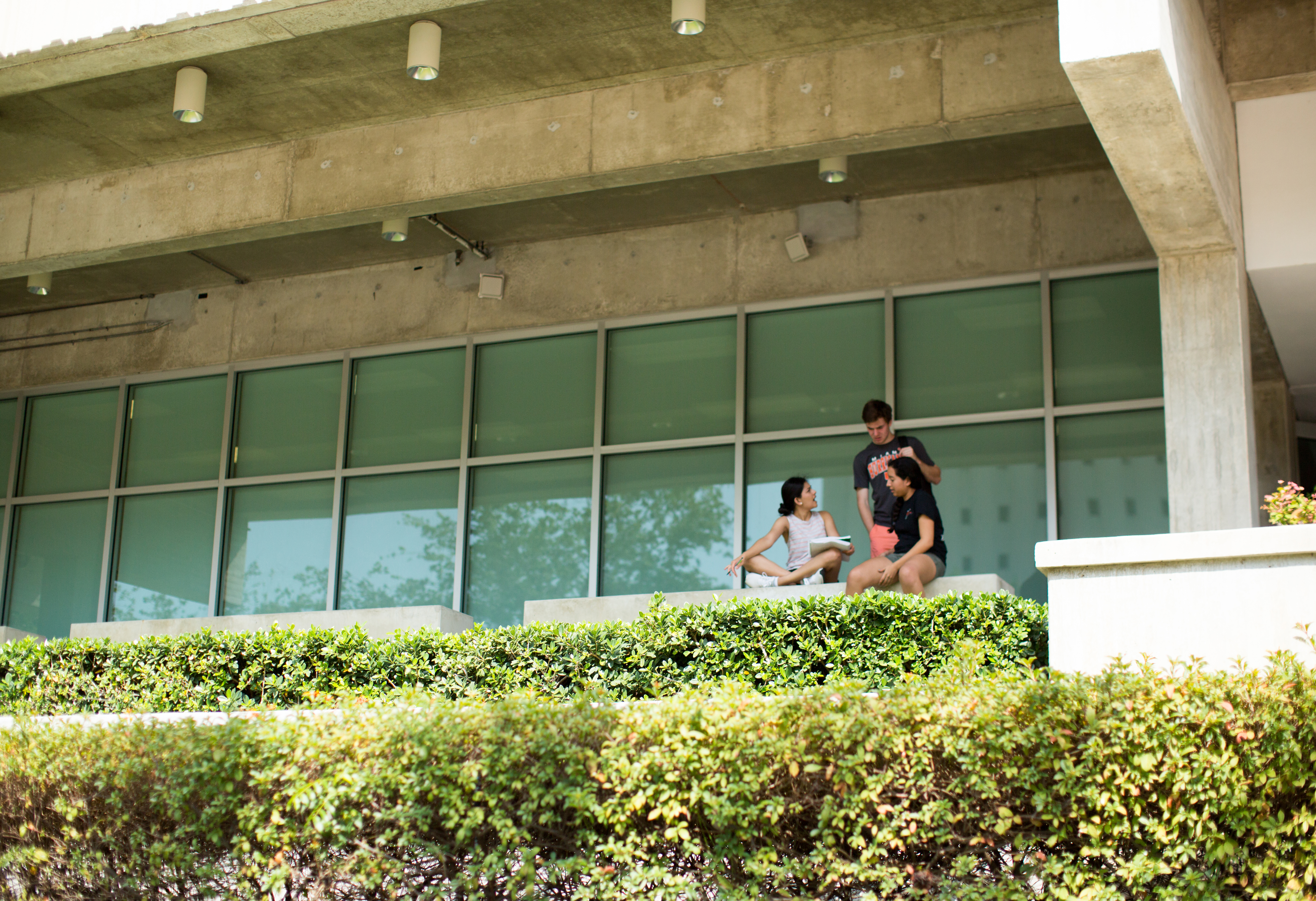 Three students sitting on a bench and talking outside of a University of Miami building.