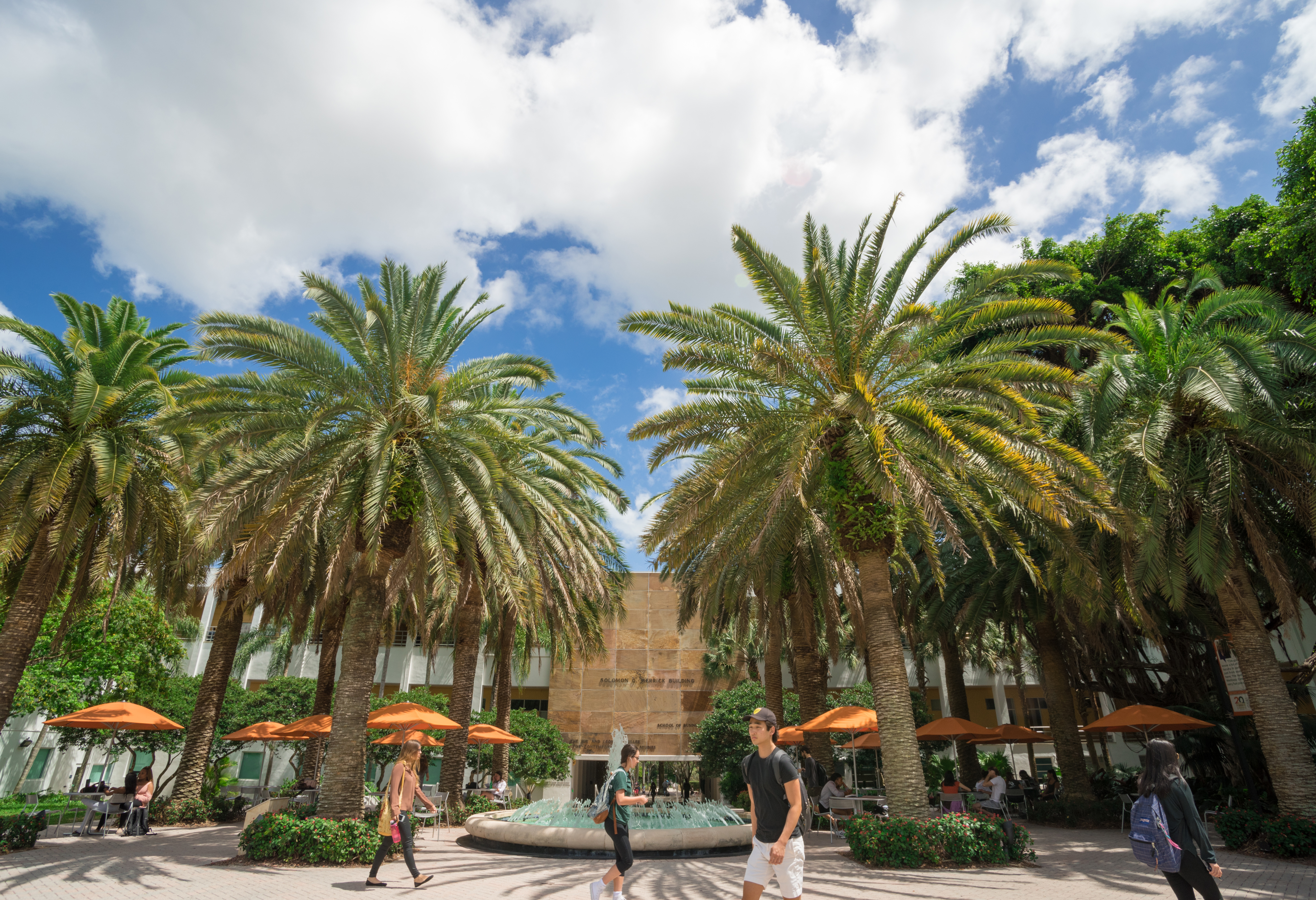 Students walking on campus, fountain and palm trees in the background.