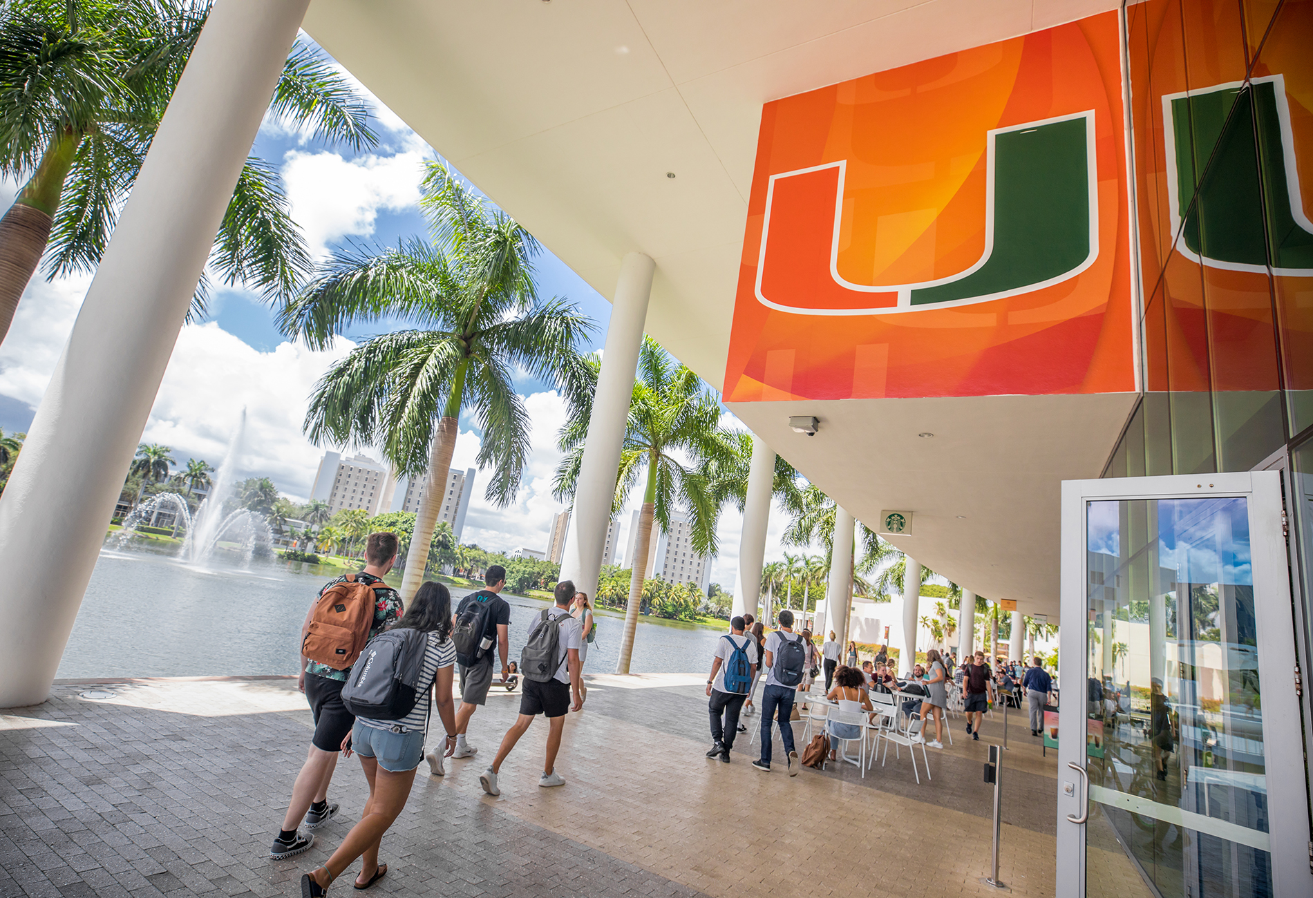 Students walking through the University of Miami student center.